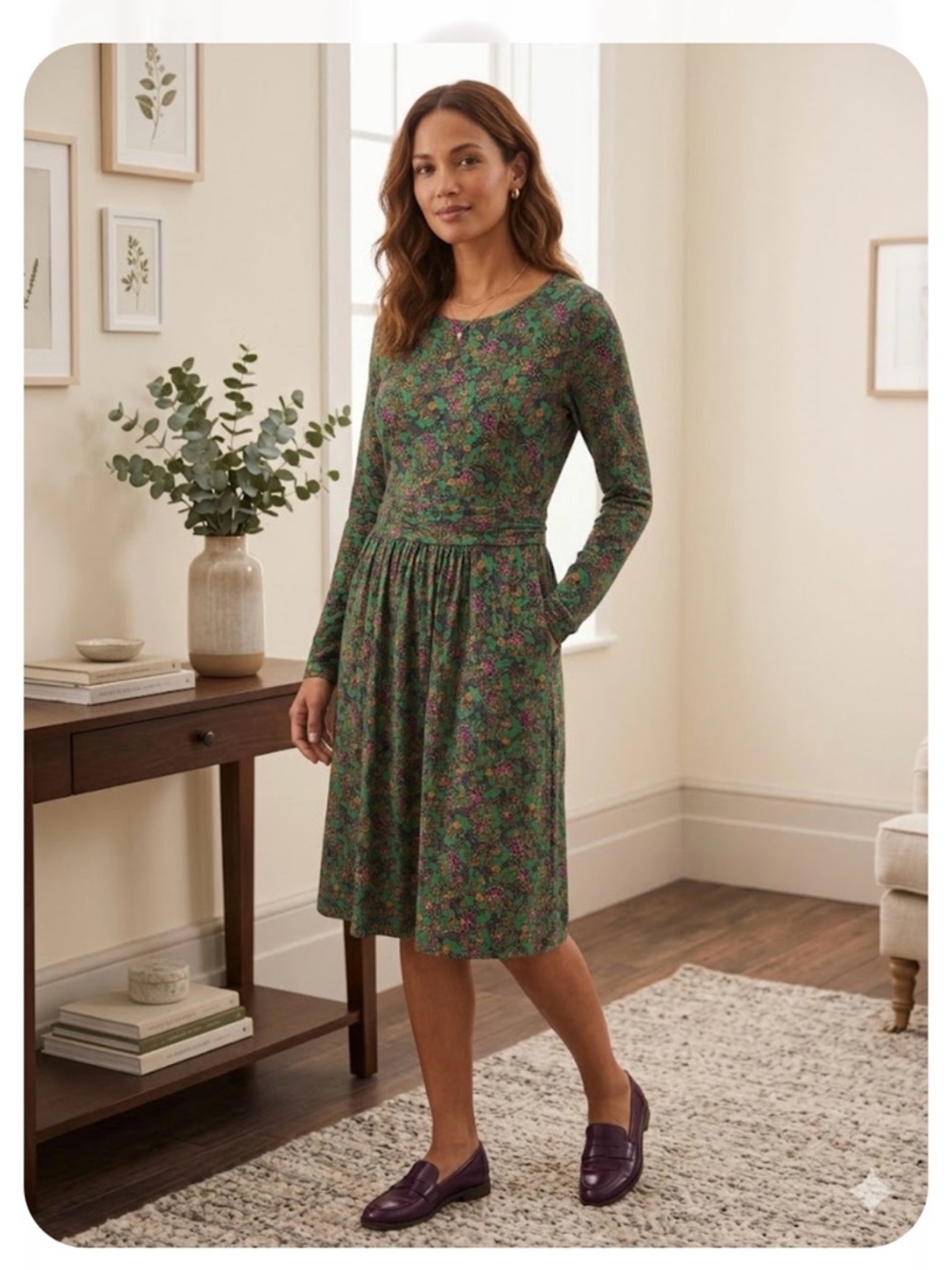 Boden Green Floral Long-Sleeve Fit-and-Flare Dress